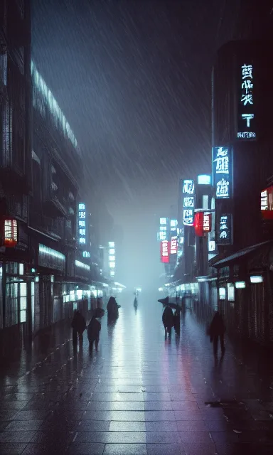 a group of people walking in the snow down a street in the rain. change the weather to winter