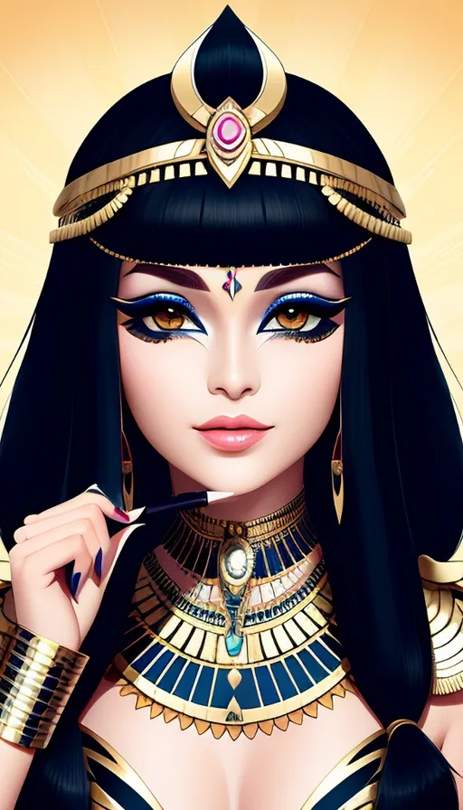 a woman dressed in egyptian clothing and makeup. more realistic at the end. with eyeliner doing eye make up