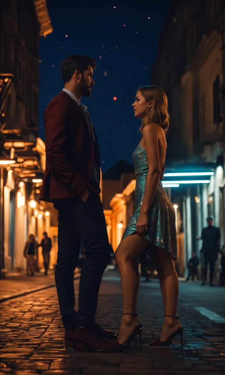 a man standing next to a woman on a street, kissing 