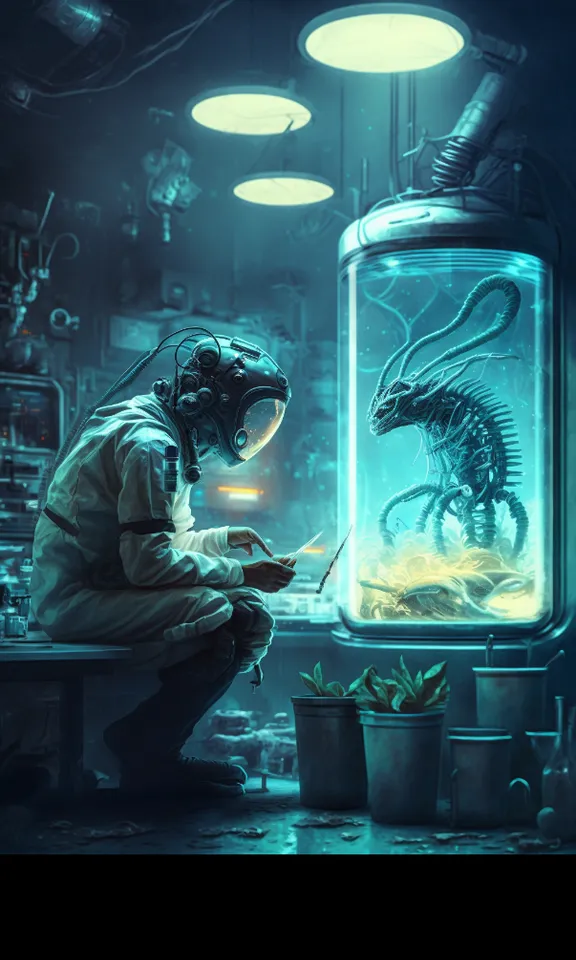 a man in a space suit is looking at a dinosaur in a jar. blue, art, extinction, cg artwork, fictional character, electric blue, illustration, darkness, machine, fiction