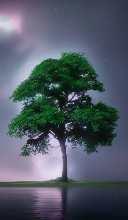 a green tree sitting in the middle of a lake