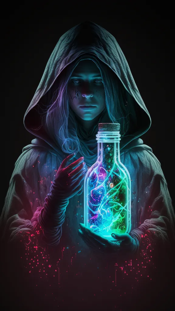 a person in a hooded jacket holding a bottle with a neon light inside