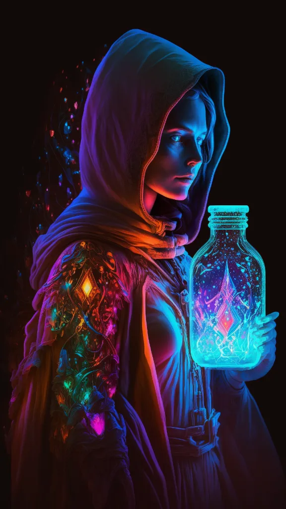 a woman holding a glowing jar in her hand