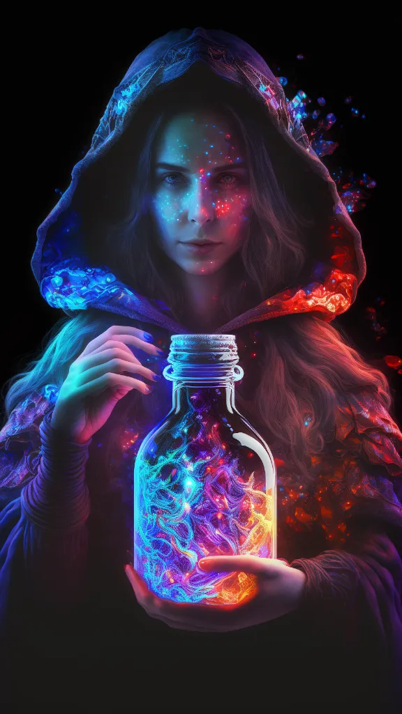 a woman in a hooded jacket holding a glowing jar