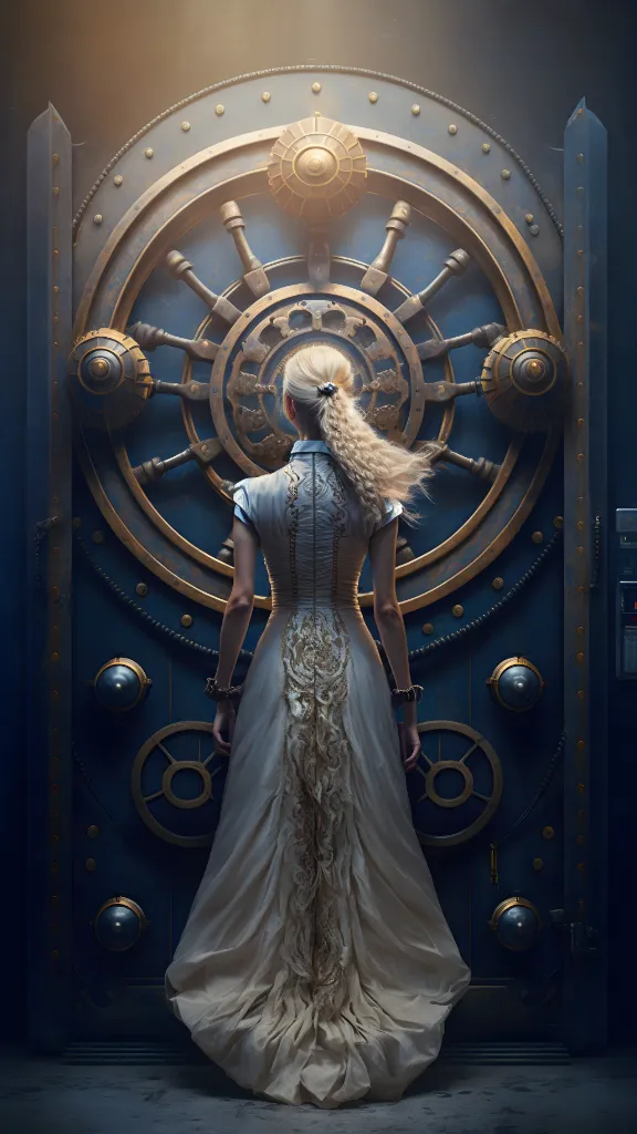 a woman in a white dress standing in front of a door