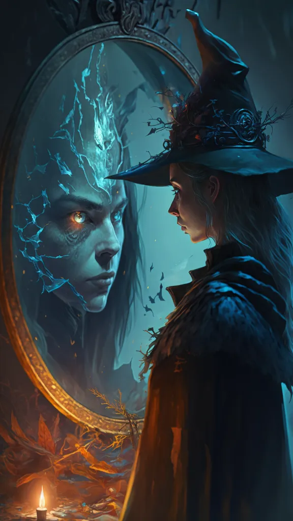A woman in a witches hat looking at a village in the mirror. add a village to the mirror