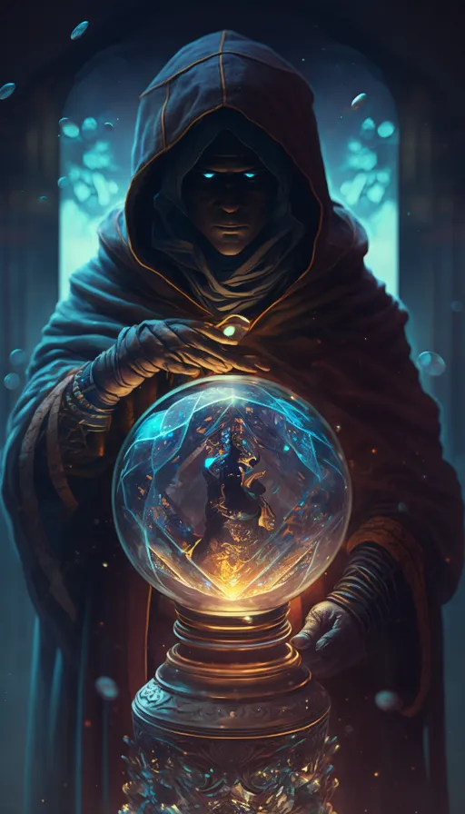 a man in a hooded jacket holding a crystal ball