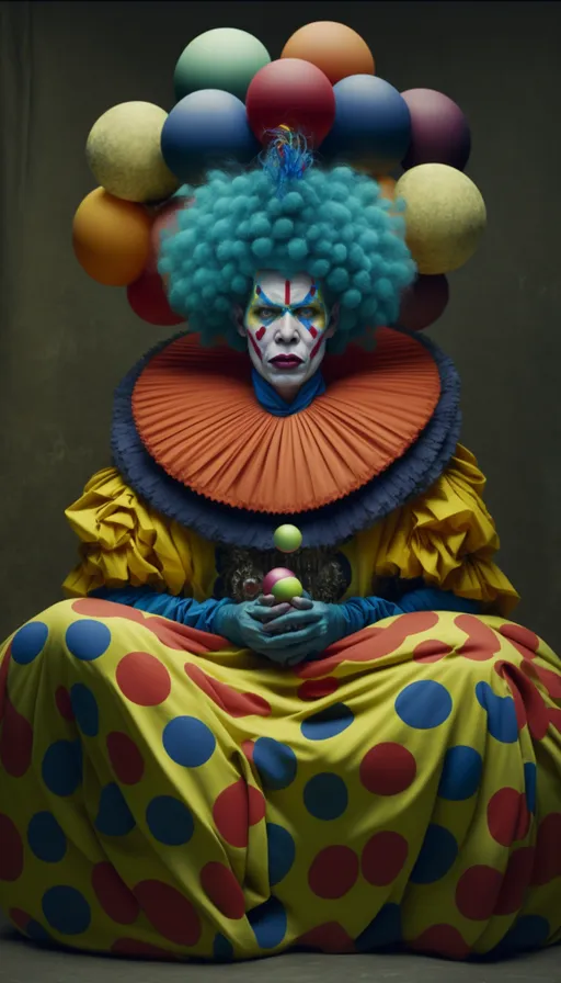 a clown sitting on the ground with a bunch of balls on his head