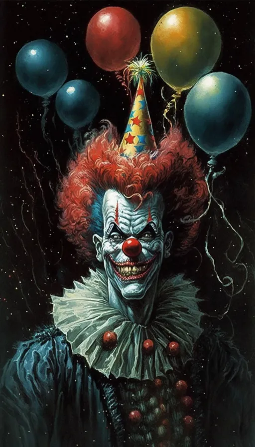 a painting of a clown with balloons