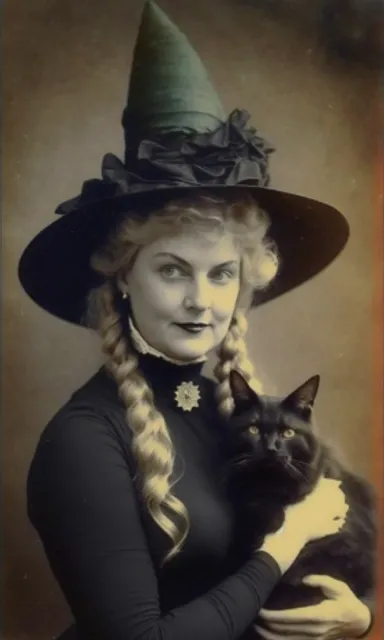 a woman in a witches hat holding a cat