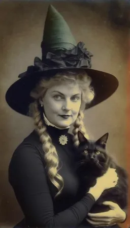 a woman in a witches hat holding a cat