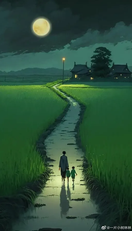 a man and a child walking down a path at night