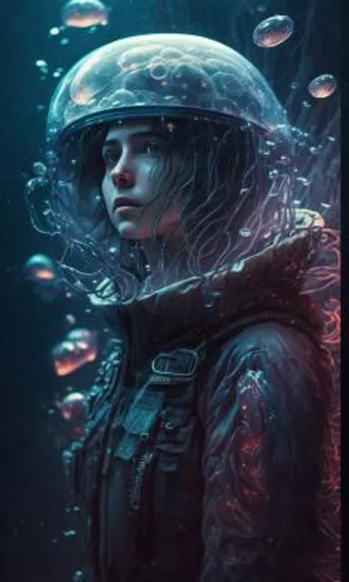 woman wearing a helmet standing in front of surreal landscape of bubbles. turn it into a surreal landscape.