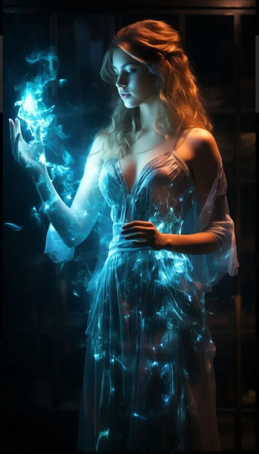 a woman in a blue dress holding a lit candle
