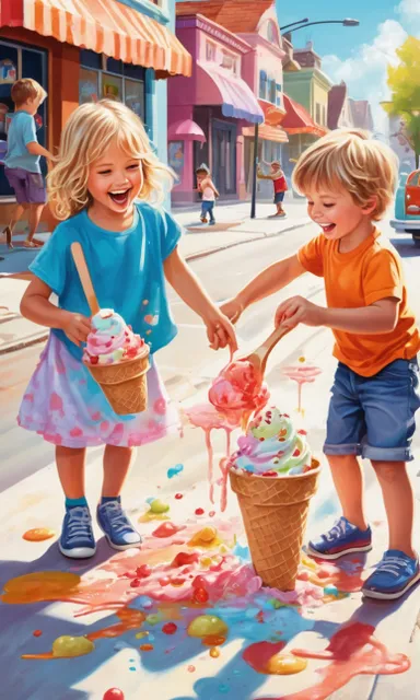 a painting of two children scooping ice cream out of an ice cream cone