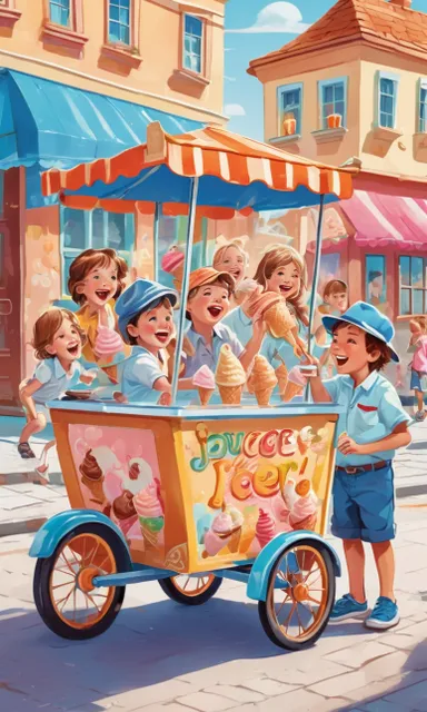 a painting of children riding in a ice cream cart