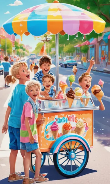 a group of children standing next to an ice cream cart