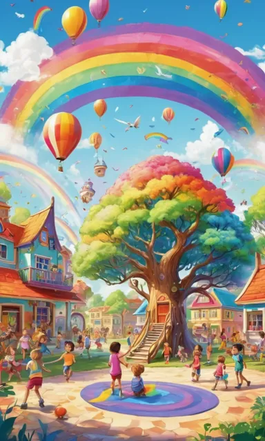 a painting of children playing in a park under a rainbow