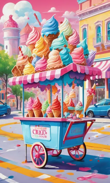 a painting of an ice cream cart on a city street