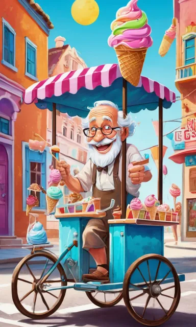 an old man driving a cart filled with ice cream