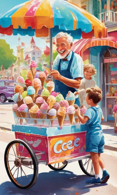 a painting of an old man selling ice cream