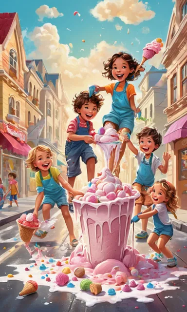 a group of children playing around a giant ice cream cone