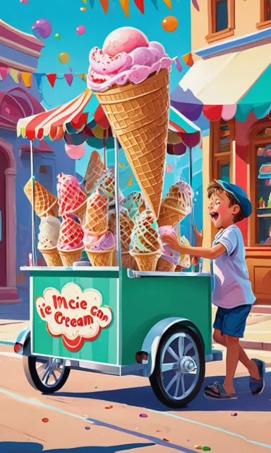 a boy is selling ice cream from a cart