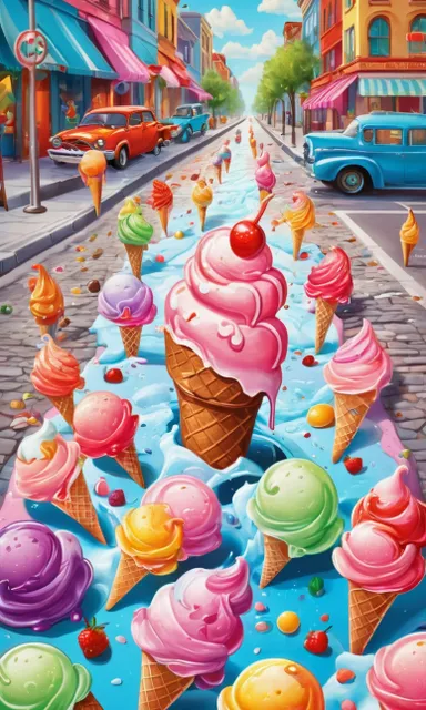 a painting of ice cream cones on a city street