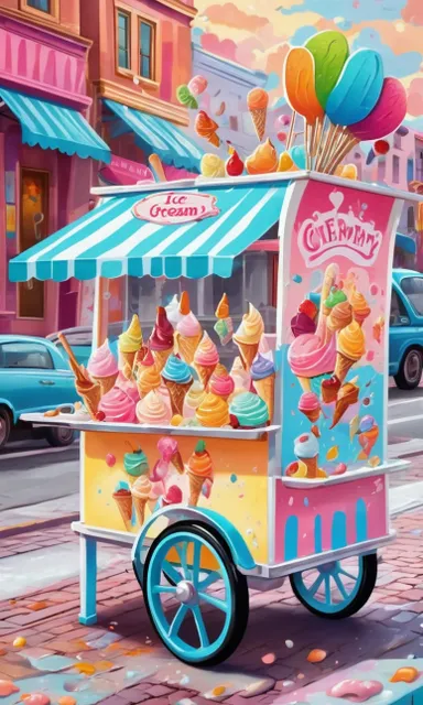 a painting of an ice cream cart on a city street