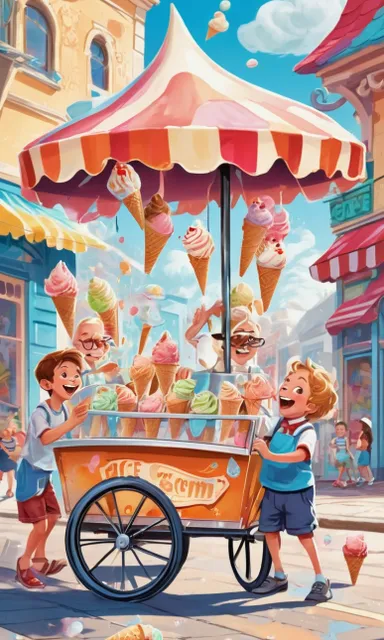 a painting of a boy and girl selling ice cream