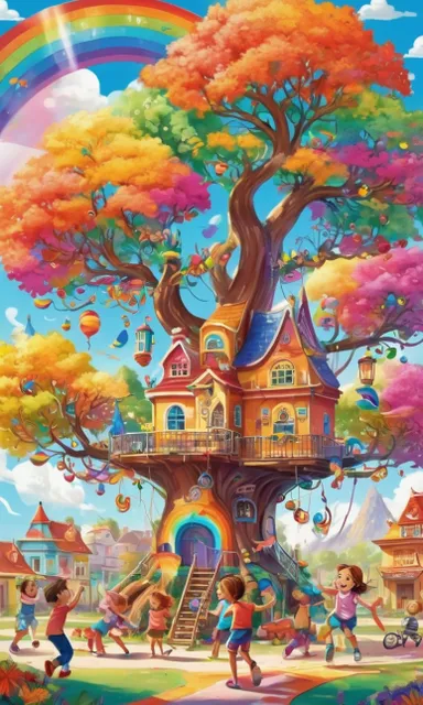 a painting of children playing in front of a tree house