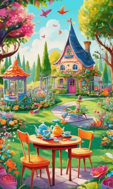 a painting of a garden with a table and chairs