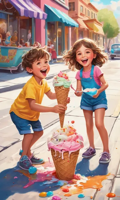 a painting of two children eating ice cream