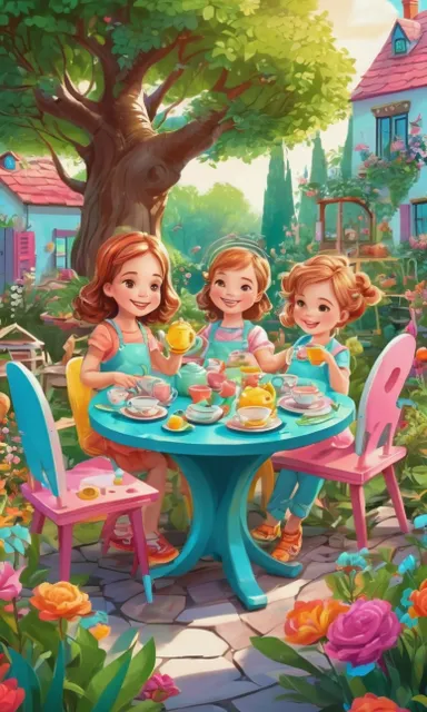 a painting of three girls sitting at a table