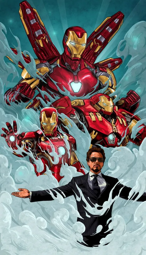 a man in a suit standing in front of a drawing of iron man