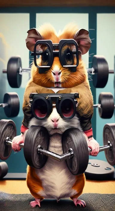 Guinea pigs wearing smokey glasses and lifting weights at the gym. They are worn with big arms and stilettos