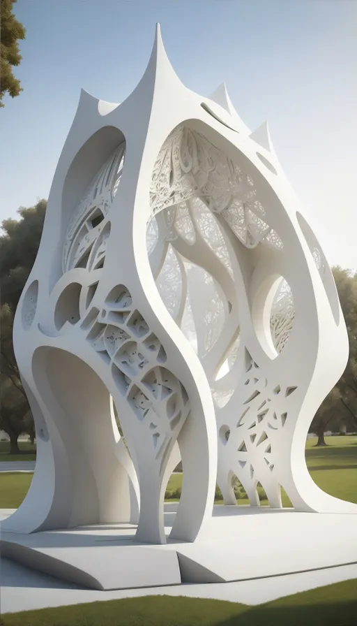 a white sculpture in the middle of a park