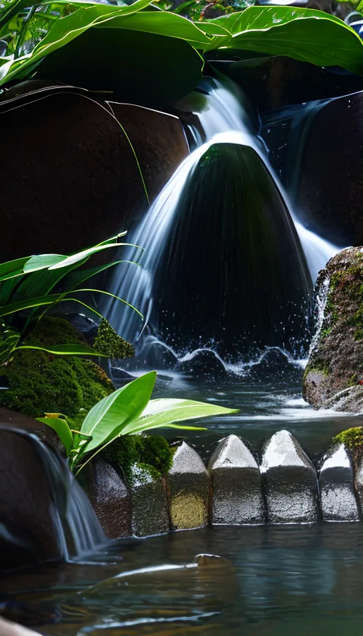 a small waterfall in the middle of a pond