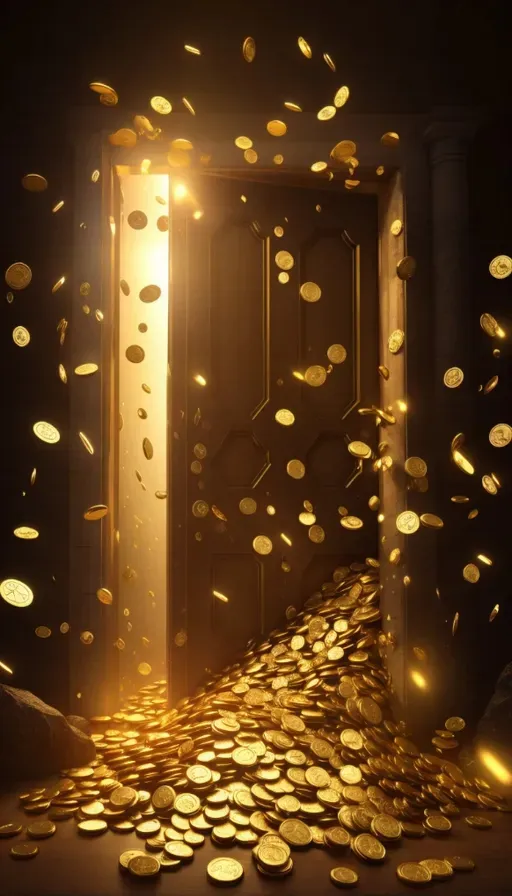 a door with a bunch of gold coins coming out of it