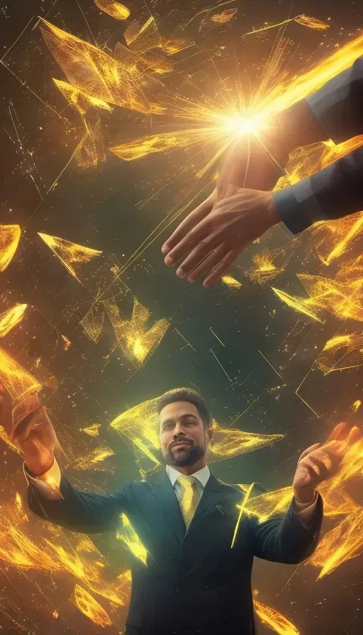 a man in a suit and tie surrounded by flames