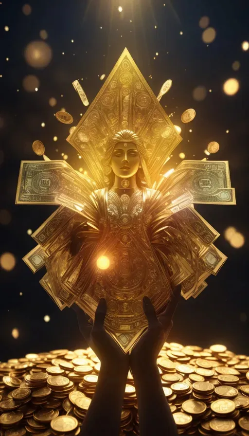 a person holding a golden cross over a pile of gold coins