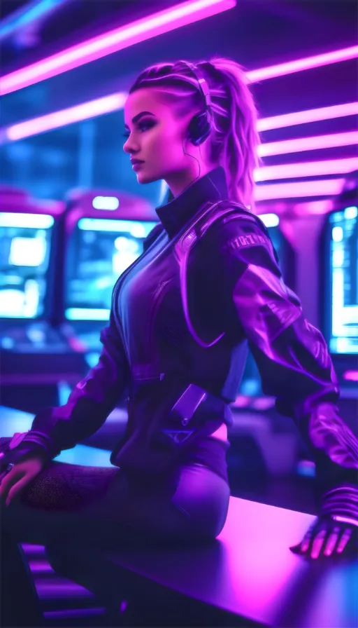 a woman in a futuristic suit sitting at a desk