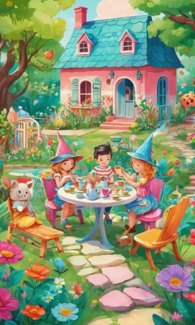 a painting of children having a tea party in a garden