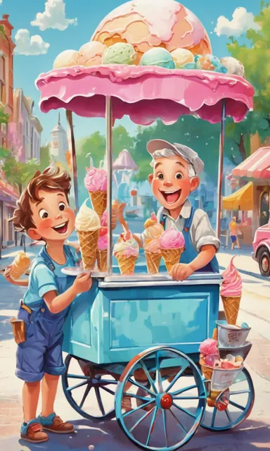 a boy and a girl standing in front of a blue cart filled with ice cream