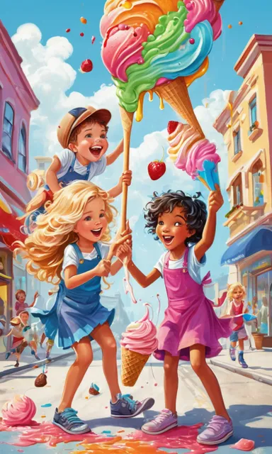 a painting of three children eating ice cream