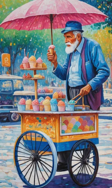 a painting of a man selling cupcakes from a cart