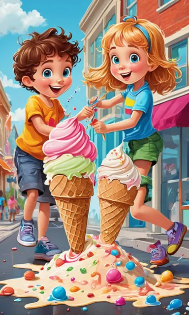 a couple of kids standing on top of an ice cream cone