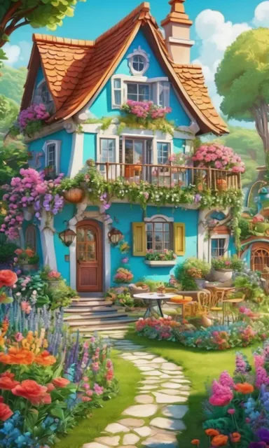 a painting of a blue house with flowers on it