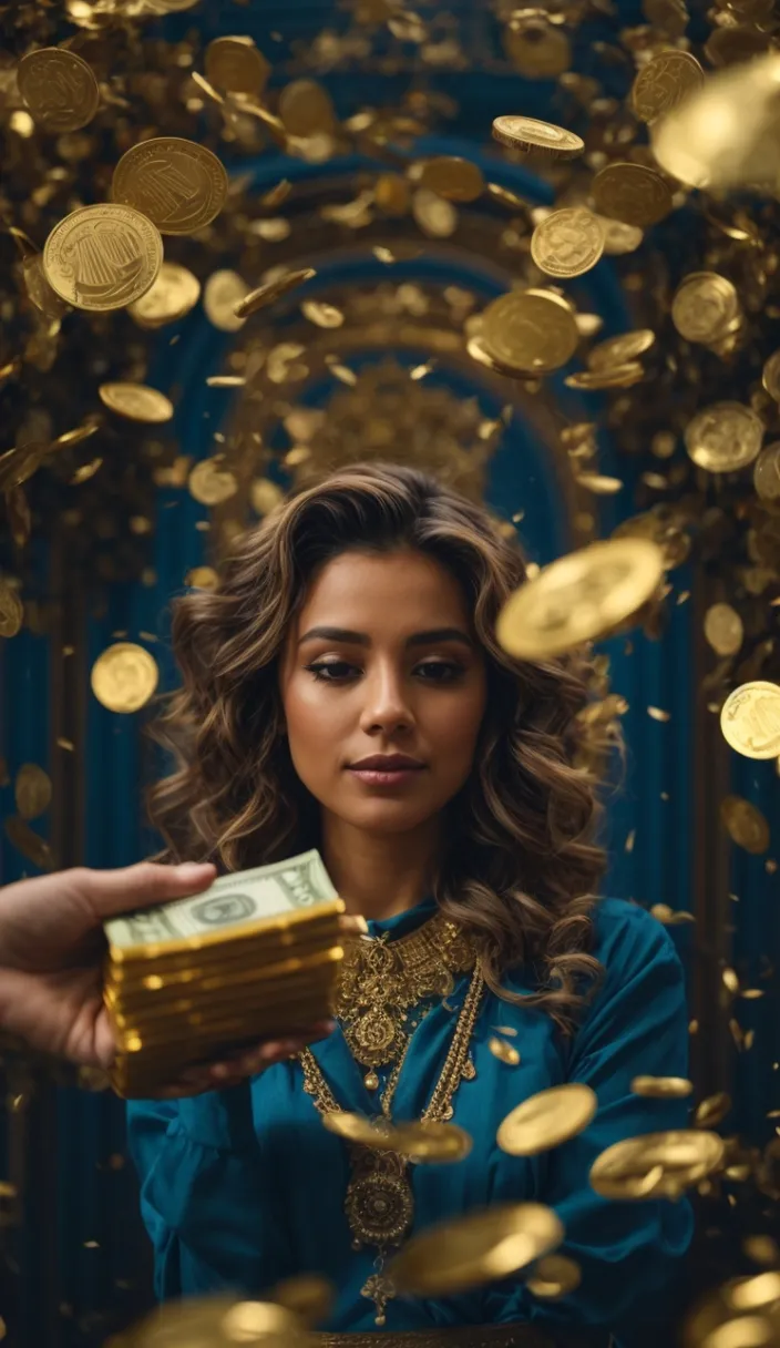 a woman in a blue dress is surrounded by gold coins