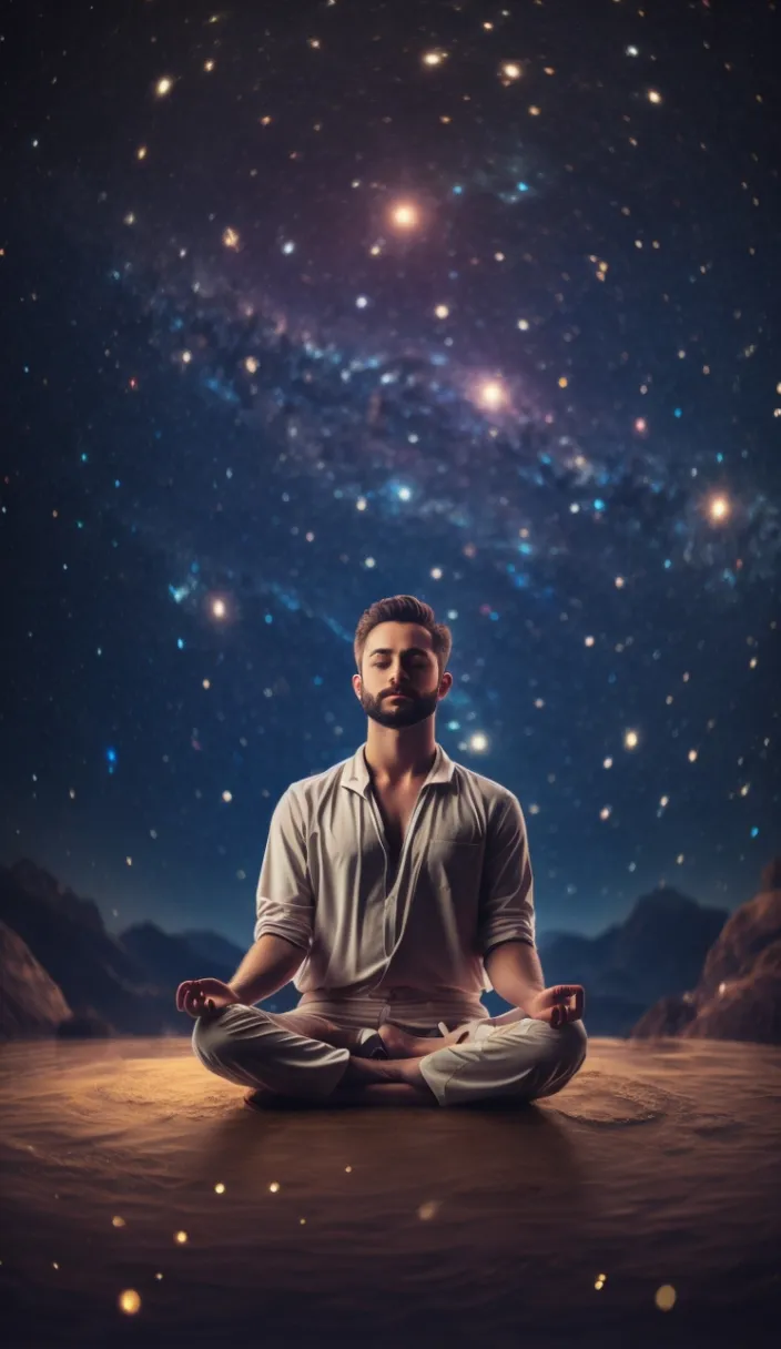 a man sitting in a lotus position in front of the stars